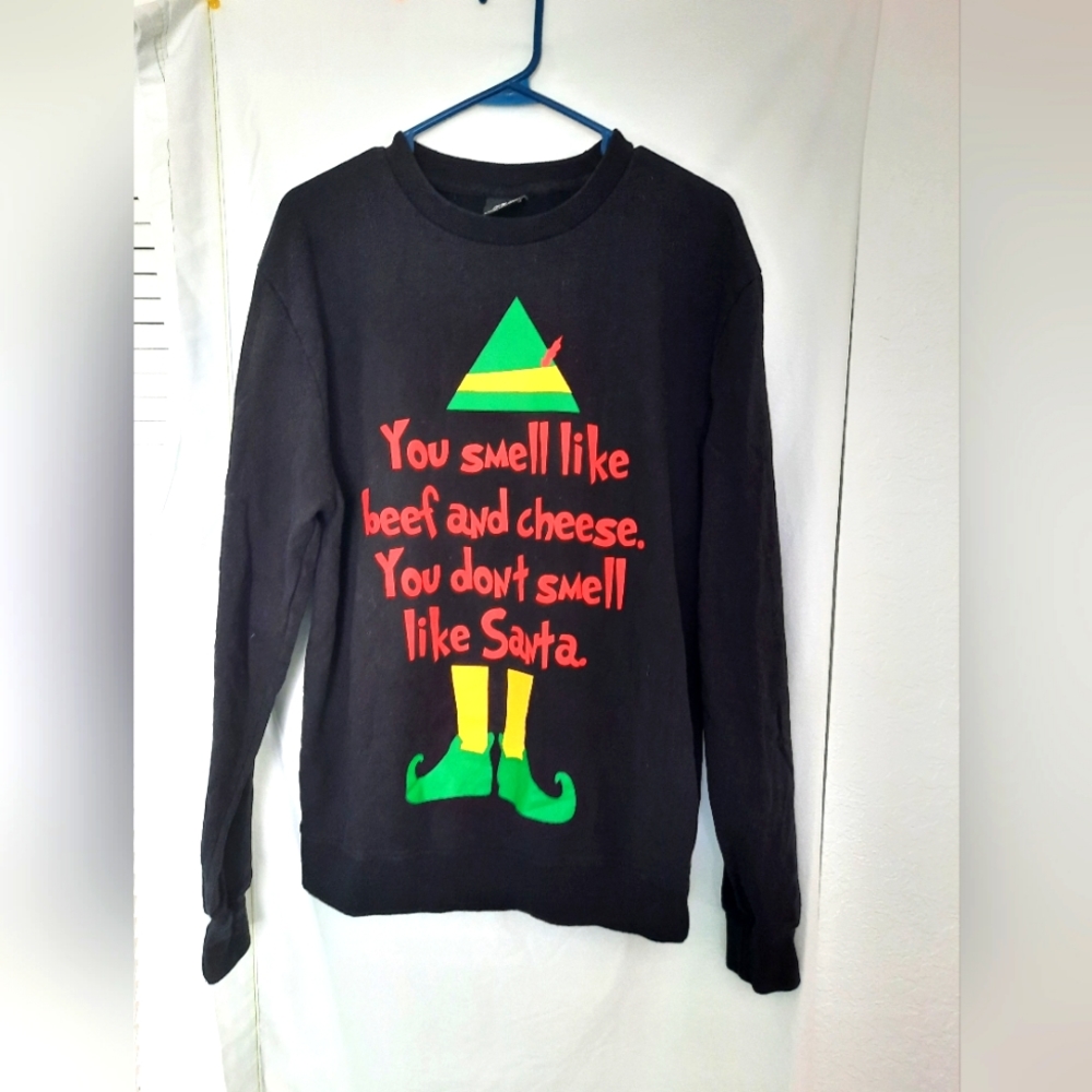 Elf Christmas Black Unisex Long Sleeve Sweater 100% Cotton Crew Neck Size M